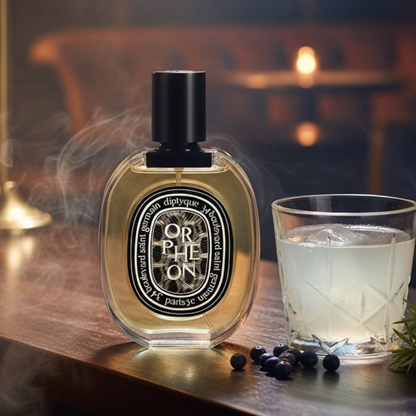 Diptyque Orphéon perfume styled with warm woods and vintage bar atmosphere