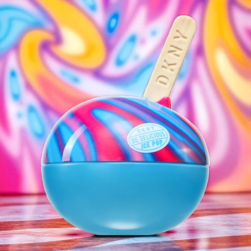DKNY Be Delicious Ice Pop Berry Bliss perfume sample – fruity berries and cotton candy sweetness in a playful summer setting.