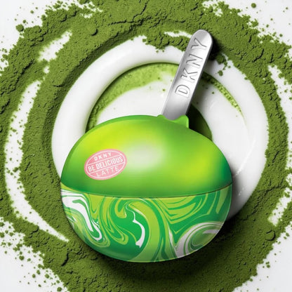 DKNY Be Delicious Latte Matcha perfume styled in a matcha powder setting