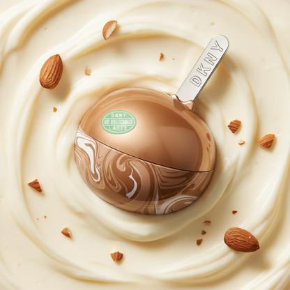 DKNY Be Delicious Latte Pistachio perfume styled in a cosy café setting