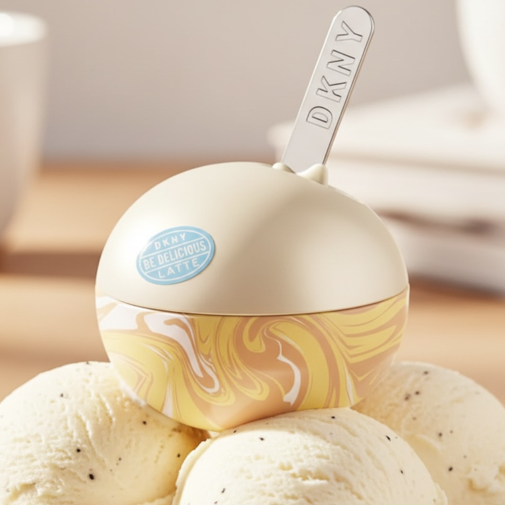 DKNY Be Delicious Latte Vanilla perfume styled in a delicious ice cream setting