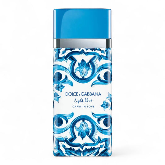 Dolce & Gabbana Light Blue Capri In Love fragrance sample – floral fruity scent with jasmine tea, green apple and Longoza. 100ml full-size bottle shown.