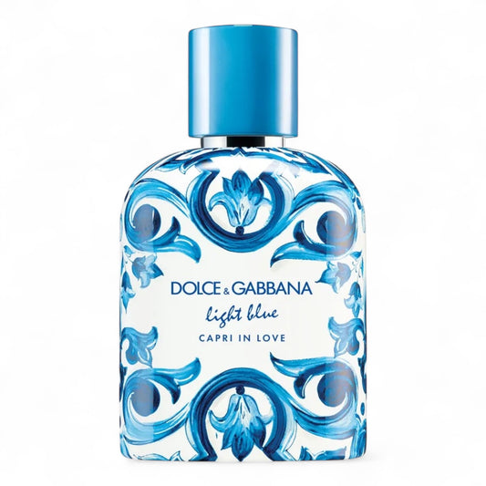 Dolce & Gabbana Light Blue Capri In Love Pour Homme fragrance sample – spicy fig and patchouli scent for men. Full-size 100ml bottle pictured