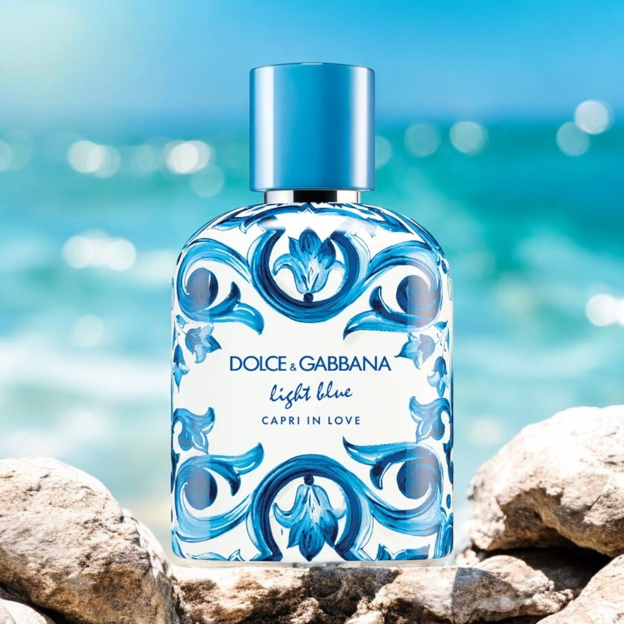 Light Blue Capri In Love Pour Homme perfume sample – fig, pepper and patchouli men’s fragrance styled in a warm Mediterranean setting