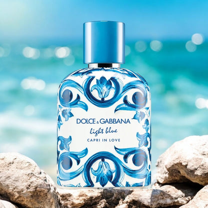 Light Blue Capri In Love Pour Homme perfume sample – fig, pepper and patchouli men’s fragrance styled in a warm Mediterranean setting