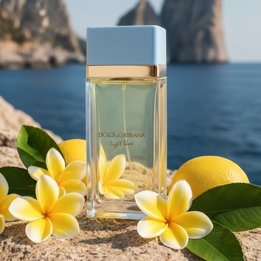 Dolce & Gabbana Light Blue Eau de Parfum for women styled in a sunlit Mediterranean setting