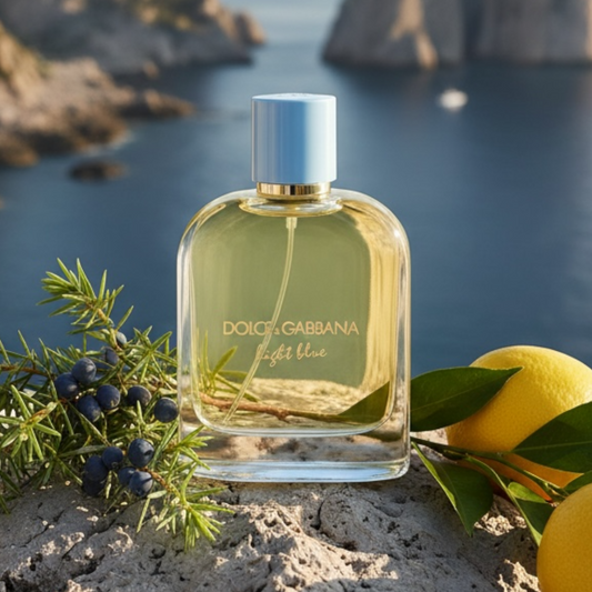 Dolce & Gabbana Light Blue Pour Homme Eau de Parfum styled in a coastal, sunlit setting