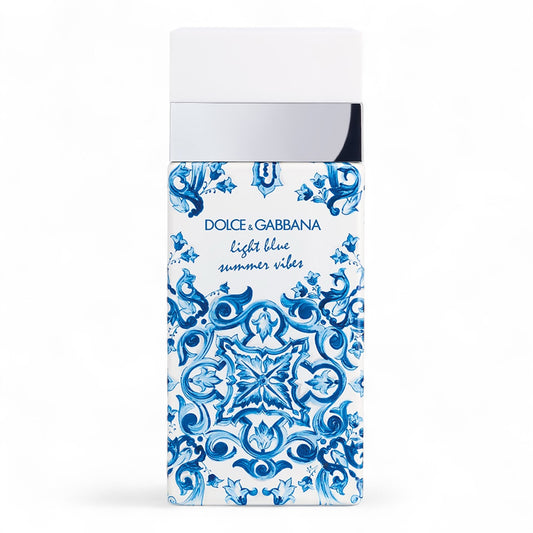 Dolce & Gabbana Light Blue Summer Vibes fragrance sample – fruity floral summer scent with peach, bergamot and cedarwood. Full-size 100ml bottle shown.