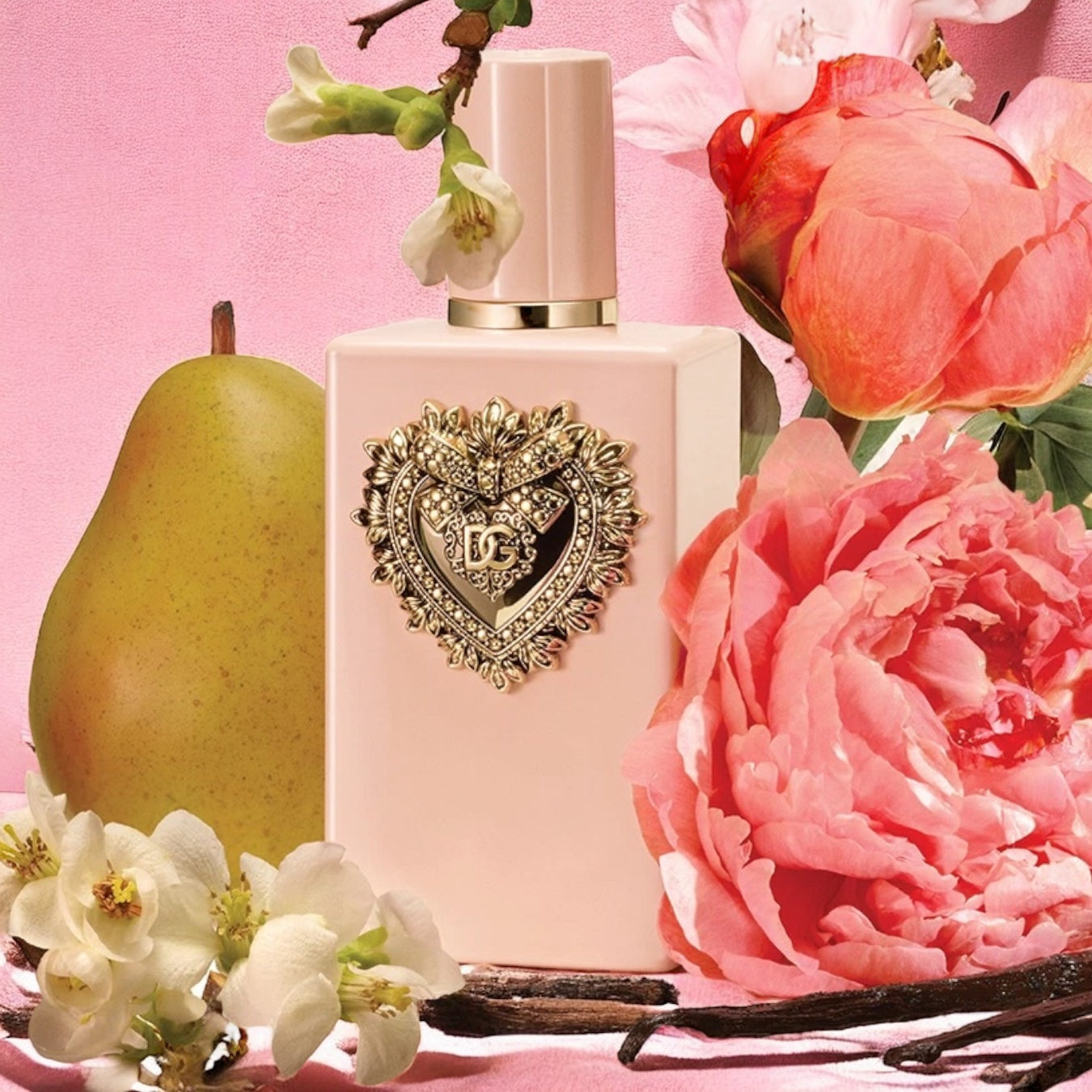 Dolce & Gabbana My Devotion Intense perfume sample - floral fruity vanilla fragrance styled with pears and peonies.