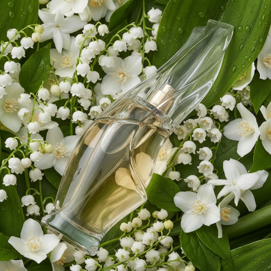 Donna Karan Cashmere Mist styled in a soft floral setting with lily of the valley and jasmine