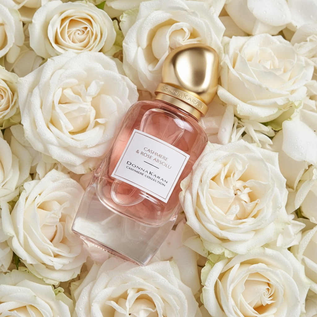 Donna Karan Cashmere Rose Absolu perfume styled with soft white roses