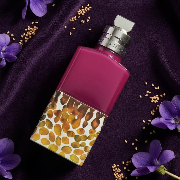 Dries Van Noten Velvet Violet styled with violet leaves, toasted sesame and rich velvet fabric