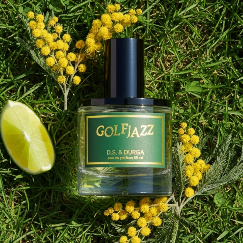 DS & Durga Golfjazz perfume styled in a vintage grass setting with lime and mimosa