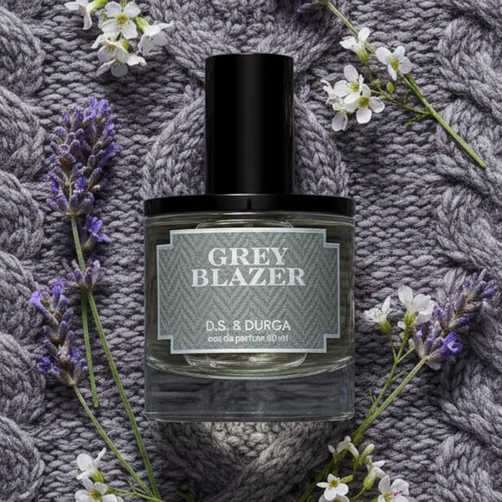 DS & Durga Grey Blazer perfume styled in a relaxed wool and countryside-inspired setting
