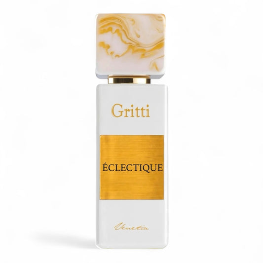 A decant of Gritti Éclectique, a fruity floral gourmand perfume with coconut, jasmine, and vanilla, available in fragrance samples.