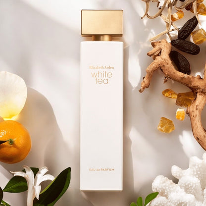 Elizabeth Arden White Tea perfume sample - fresh rose and herbal tea fragrance styled in a serene lifestyle setting.