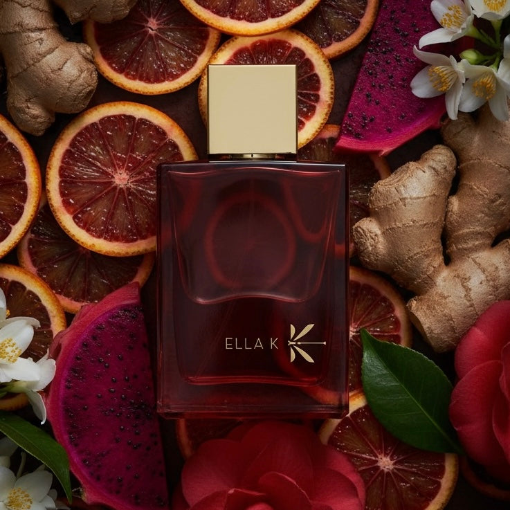Ella K Camelia K styled with red camellia, blood orange, dragon fruit and orange blossom