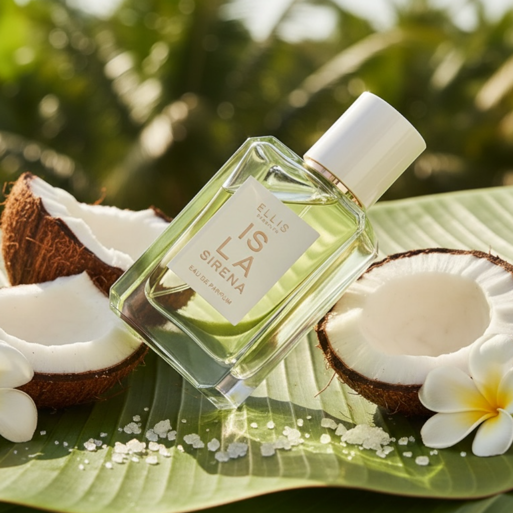 Ellis Brooklyn Isla Sirena perfume styled in a sunlit tropical setting