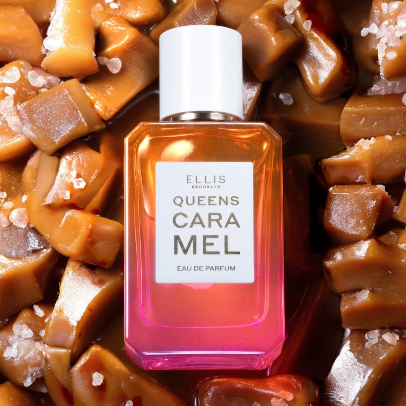 Ellis Brooklyn Queens Caramel perfume sample - salted caramel and vanilla gourmand fragrance styled in a gourmand caramel setting