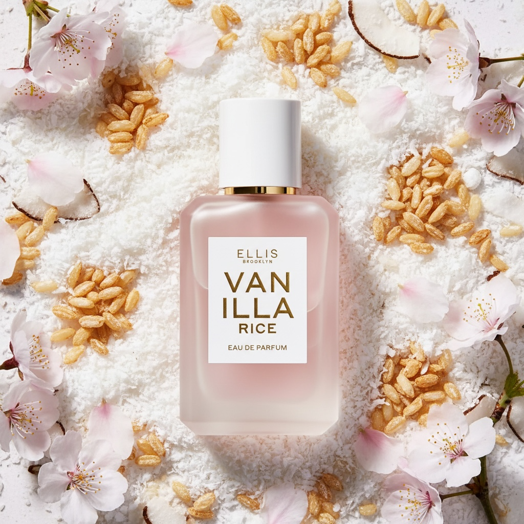 Ellis Brooklyn Vanilla Rice styled with toasted rice, coconut, vanilla and sakura blossoms