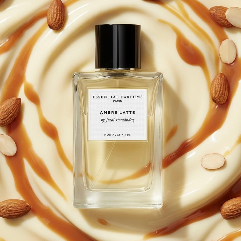 Essential Parfums Ambre Latte styled with almond milk, caramel, vanilla
