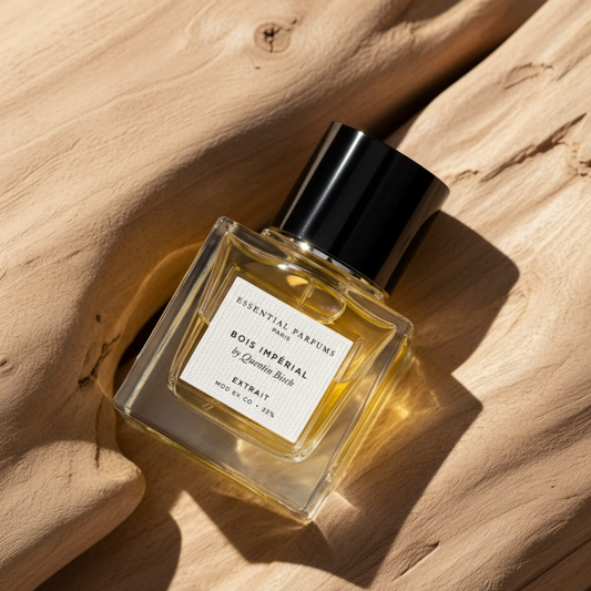 Essential Parfums Bois Impérial Extrait styled in a refined wooden setting