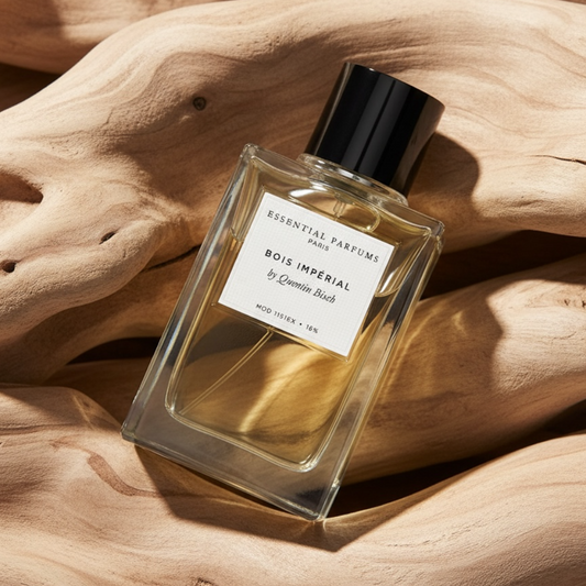 Essential Parfums Bois Impérial perfume styled in a cozy wooden setting