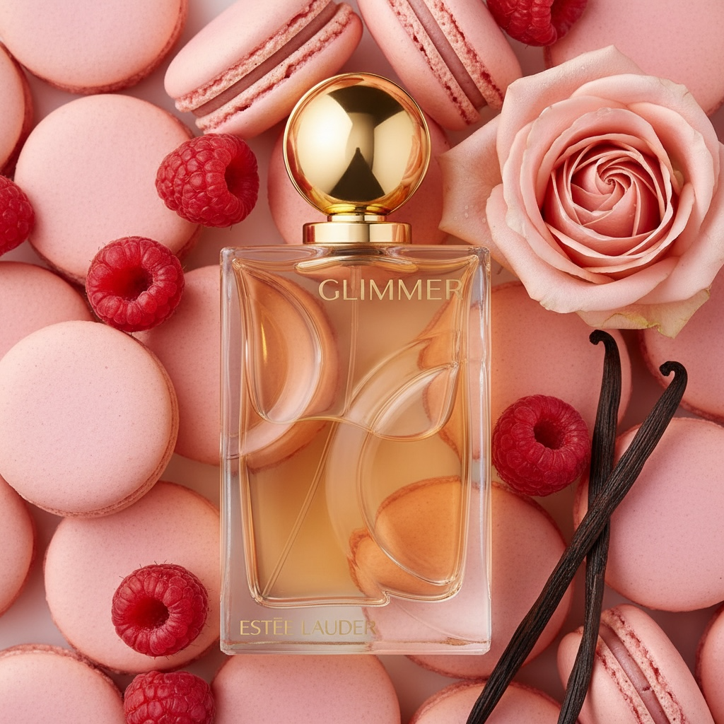 Estée Lauder Glimmer styled with raspberries, rose macarons, vanilla and warm amber light