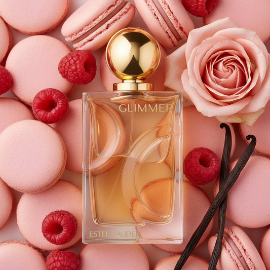 Estée Lauder Glimmer styled with raspberries, rose macarons, vanilla and warm amber light