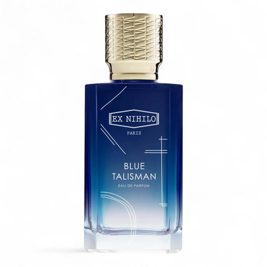 Ex Nihilo Blue Talisman fragrance sample – clean, musky pear scent with citrus and woods, pictured 100ml full-size bottle
