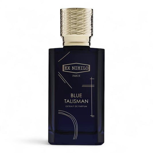 Ex Nihilo Blue Talisman Extrait fragrance sample – a floral amber scent with jasmine, orange blossom and warm vanilla, shown in 100ml full-size bottle