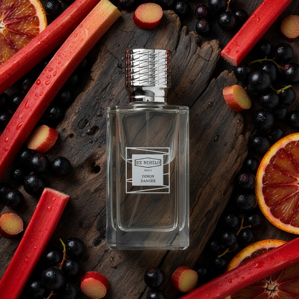 Ex Nihilo Demon Dancer styled with rhubarb, blood orange, and blackcurrants against a dark woody background setting