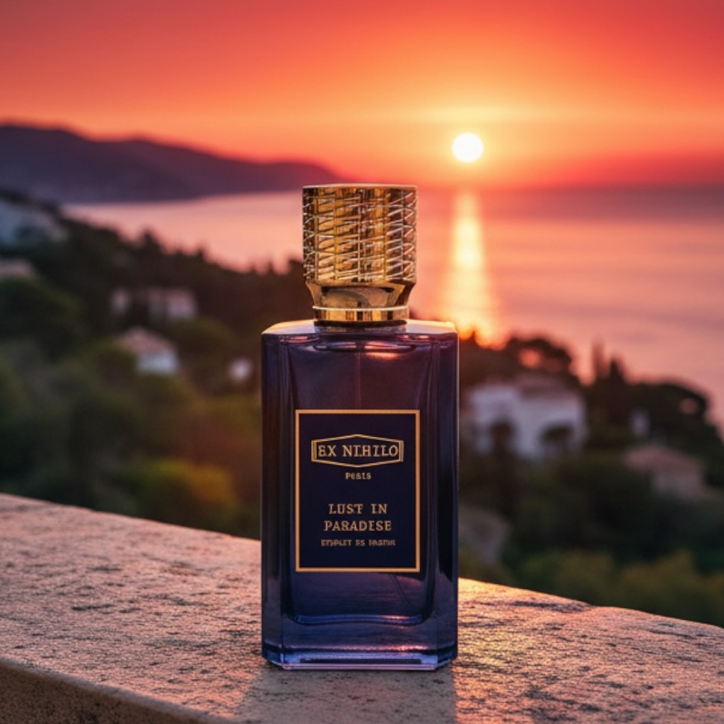 Ex Nihilo Lust in Paradise Extrait perfume styled with sunset tones and floral elements