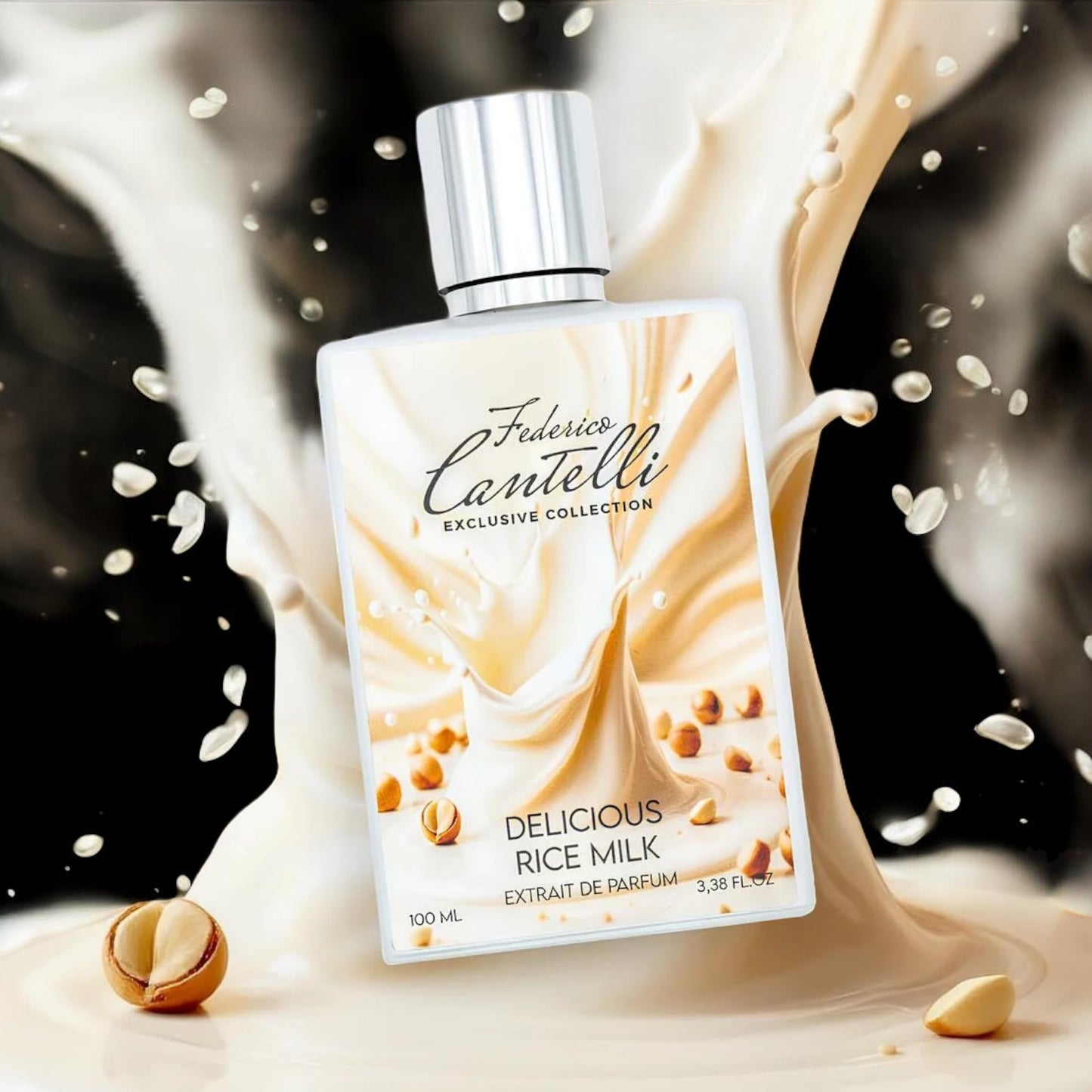 Federico Cantelli Delicious Rice Milk perfume sample – creamy gourmand scent with rice milk, vanilla, and hazelnut, styled in a cozy setting.