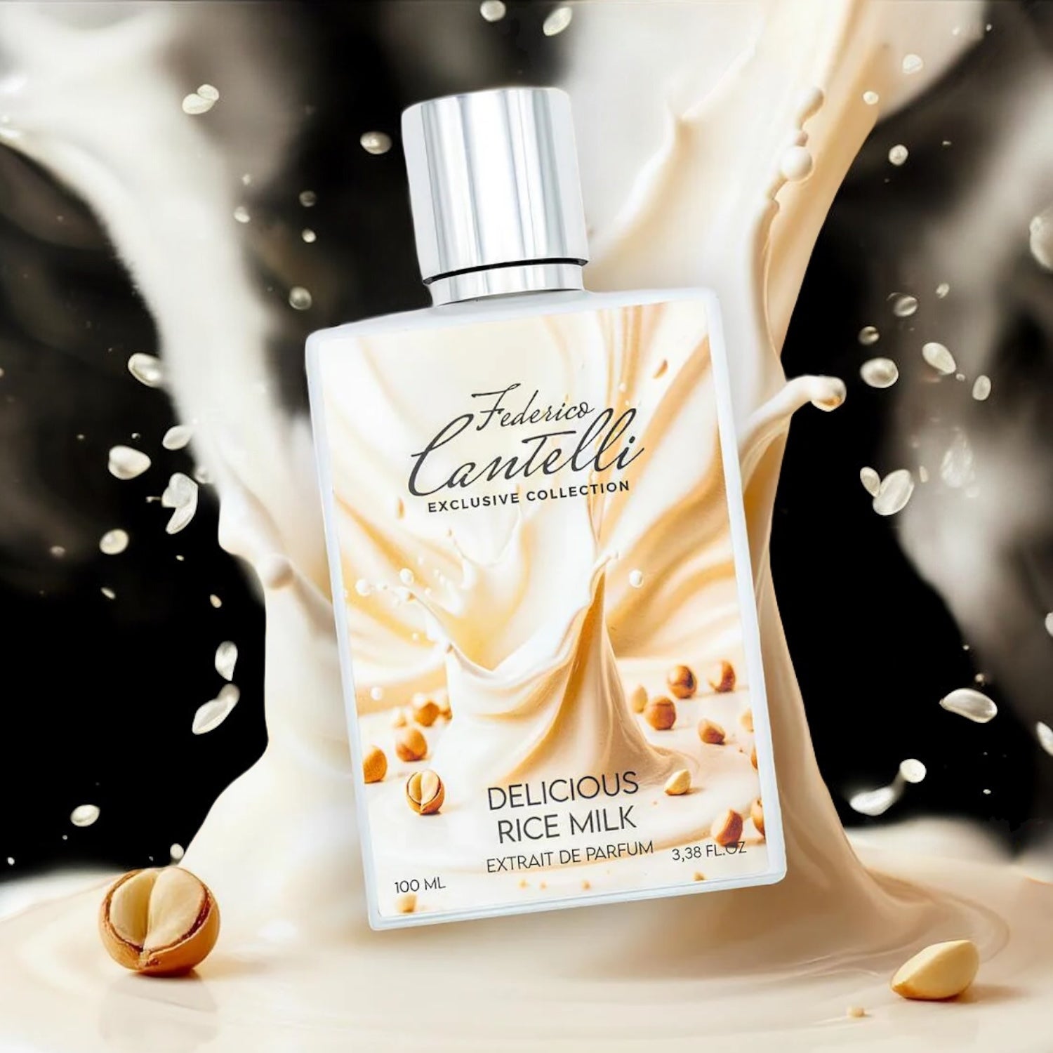 Federico Cantelli Delicious Rice Milk perfume sample – creamy gourmand scent with rice milk, vanilla, and hazelnut, styled in a cozy setting.