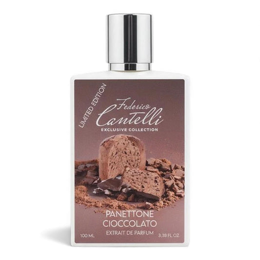 Federico Cantelli Panettone Cioccolato fragrance sample, a warm gourmand scent with chocolate, hazelnut milk and vanilla shown in retail bottle for decanting.