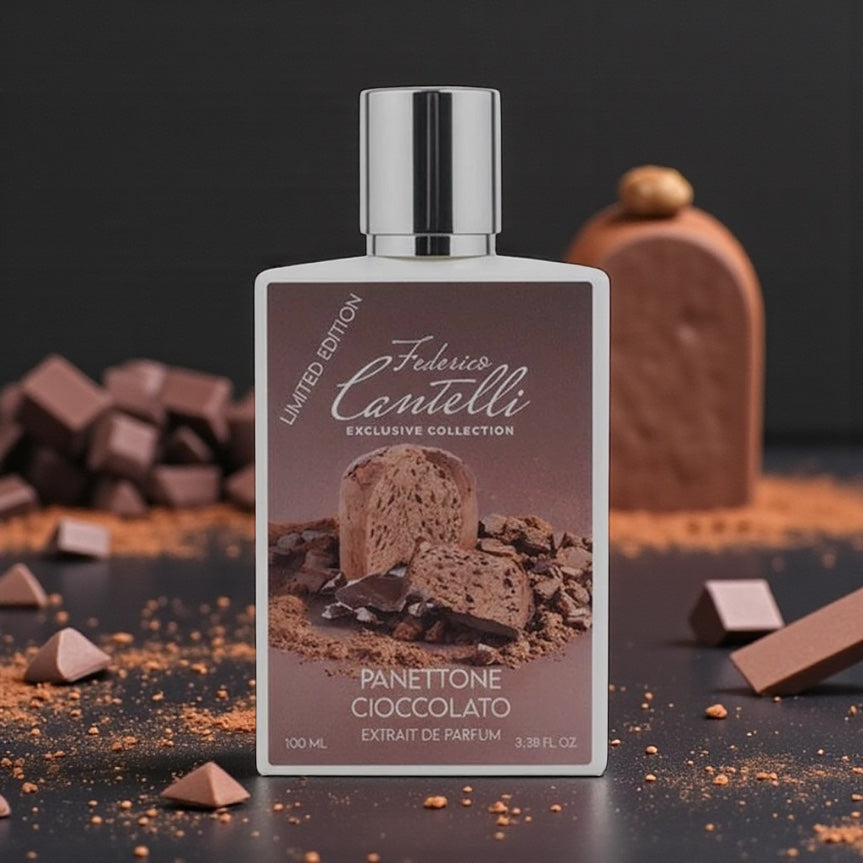 Federico Cantelli Panettone Cioccolato perfume sample styled in a festive warm setting to highlight its chocolate, cocoa and milky vanilla notes.