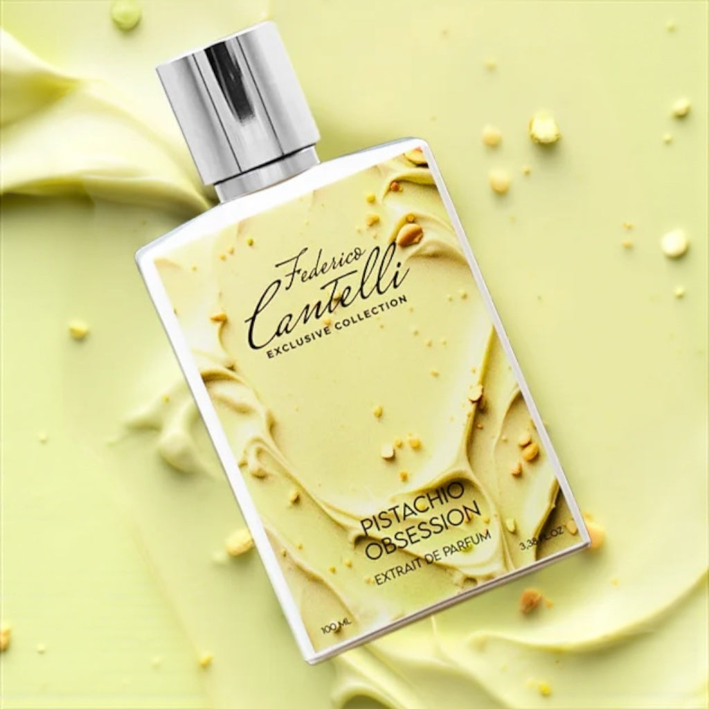 Federico Cantelli Pistachio Obsession perfume sample – creamy pistachio, caramel, and vanilla fragrance in a warm gourmand-inspired setting.
