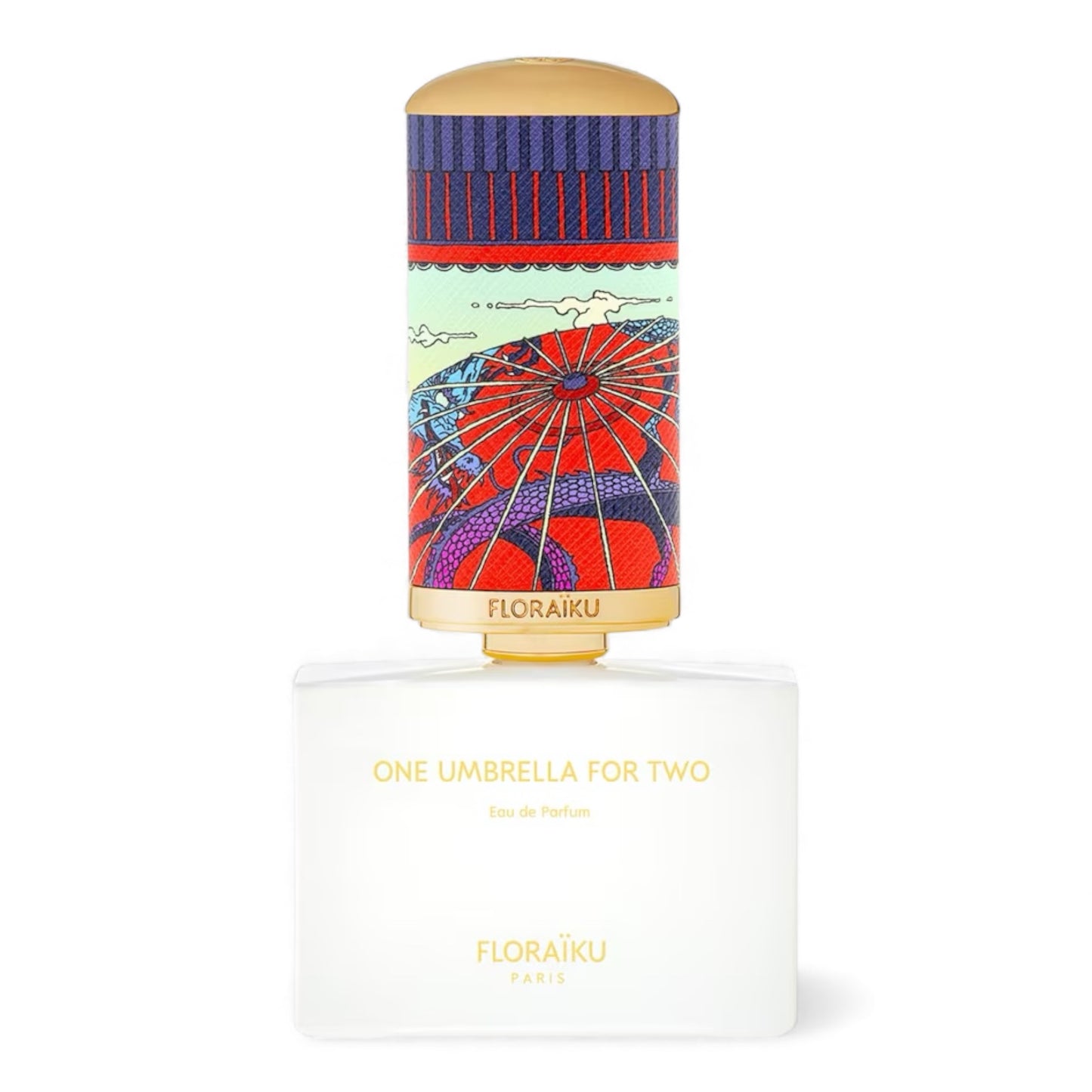 Floraïku One Umbrella For Two fragrance sample – fruity gourmand scent with blackcurrant, genmaicha tea and vanilla shown in retail bottle for decanting.