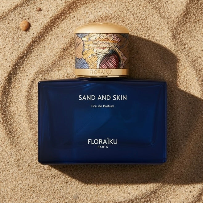 Floraïku Sand and Skin styled on a warm sandy beach at golden hour