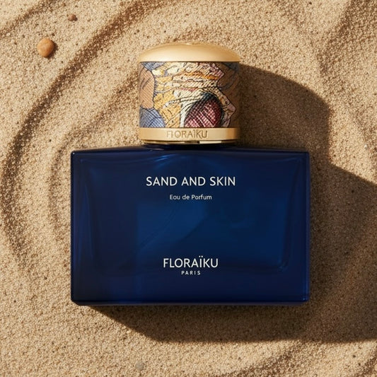 Floraïku Sand and Skin styled on a warm sandy beach at golden hour