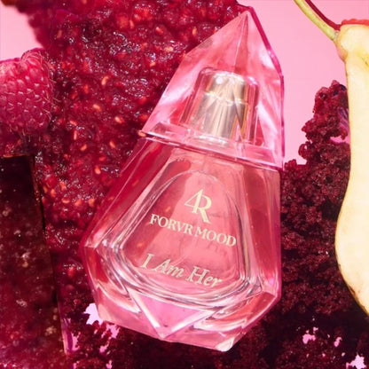 FORVR Mood I Am Her perfume sample – red velvet and oud gourmand fragrance with a confident, feminine vibe.