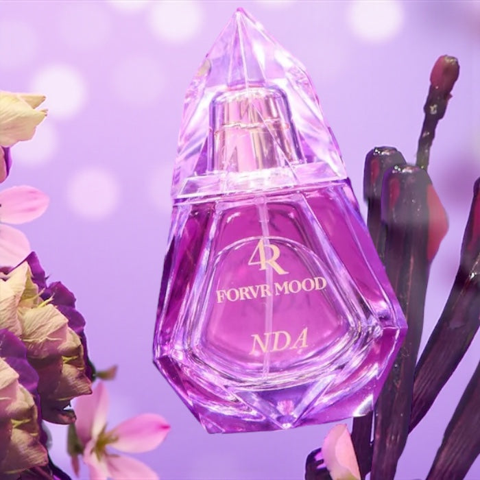 FORVR Mood NDA perfume sample – spiced rum, plum, and vanilla notes styled in a rich, warm-toned setting.