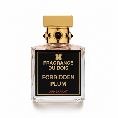 Fragrance Du Bois Forbidden Plum Oud Extrait perfume bottle on white background