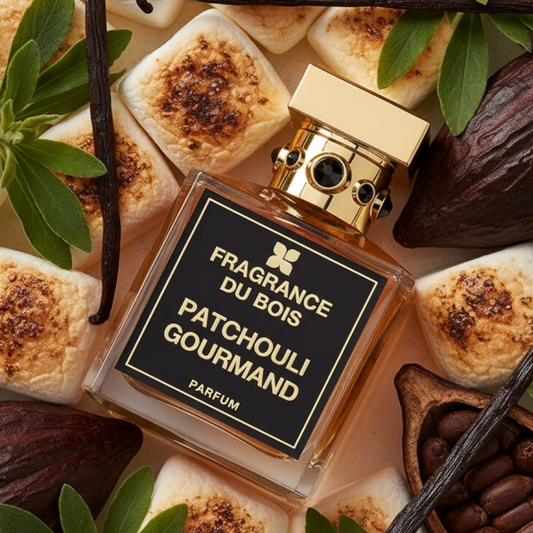 Fragrance Du Bois Patchouli Gourmand perfume styled in a warm, indulgent setting