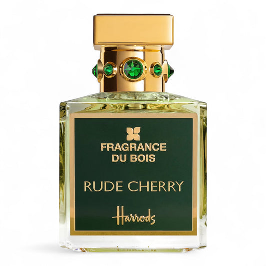 Fragrance du Bois Rude Cherry fragrance sample – cherry gourmand scent with oud and saffron, shown in full 100ml bottle.