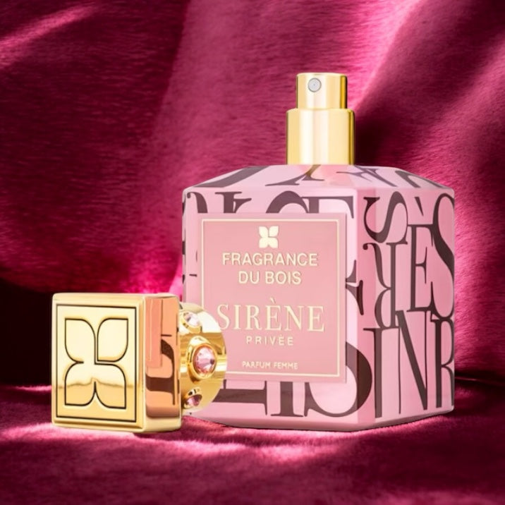 Fragrance du Bois Sirène Privée perfume sample – a bold fruity-spicy scent styled in a plush deep pink background