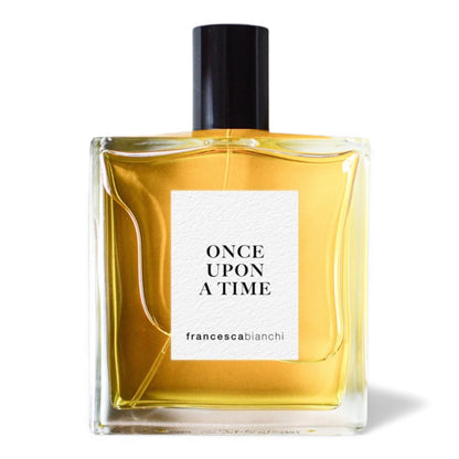 Francesca Bianchi Once Upon A Time fragrance sample, a warm nostalgic gourmand scent with mandarin, vanilla and candied almonds shown in retail bottle for decanting.