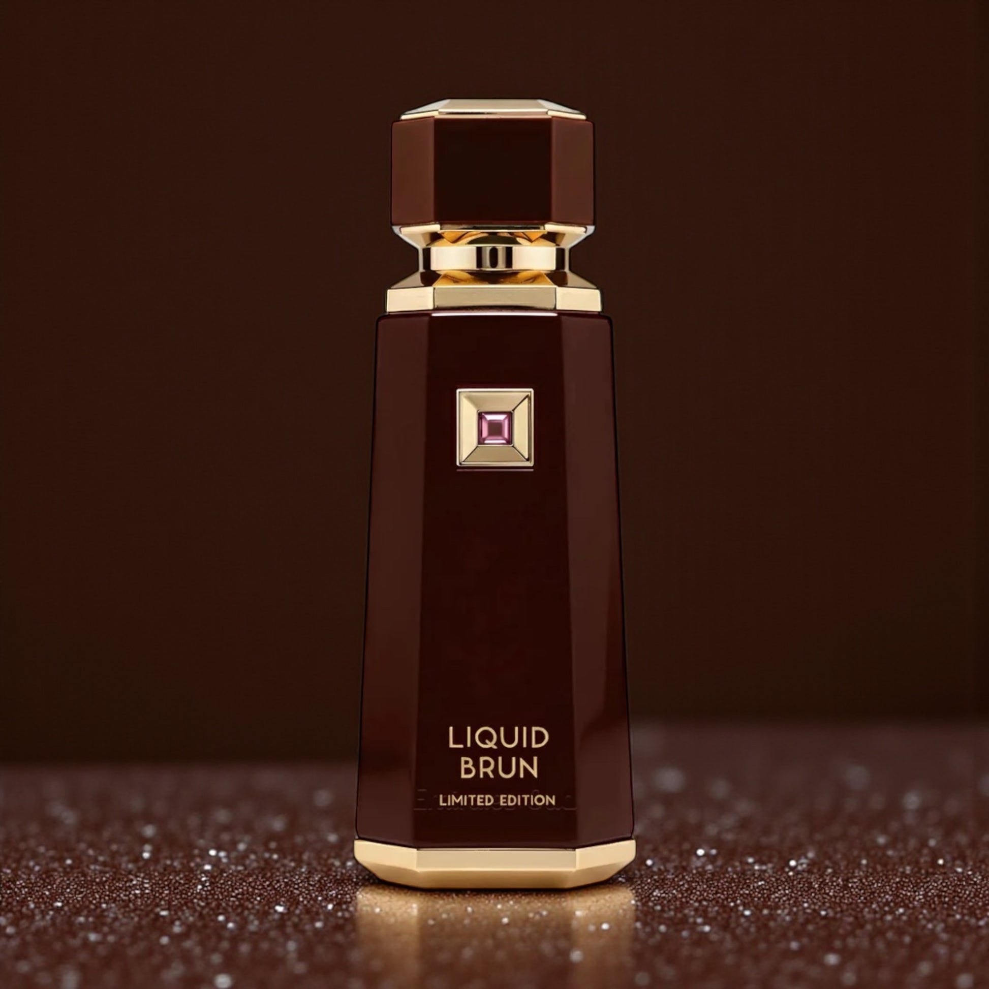 French Avenue Liquid Brun Extrait perfume styled in a dark, elegant setting