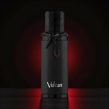 French Avenue Vulcan Black Friday Edition perfume sample styled in a dark atmospheric scene to highlight its saffron, cinnamon and smoky leather notes.